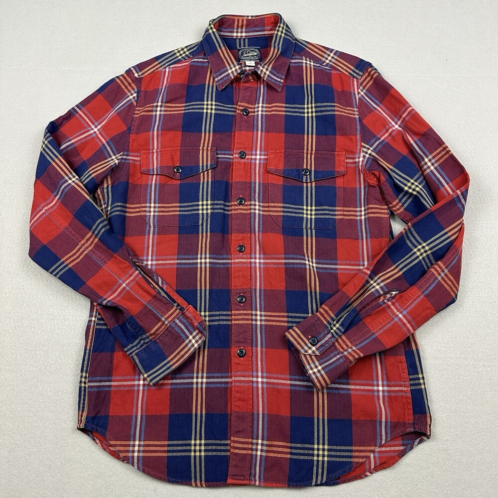 J. Crew Shirt Men Small Red Blue Plaid Button Up Flannel Flap Pocket Long Sleeve